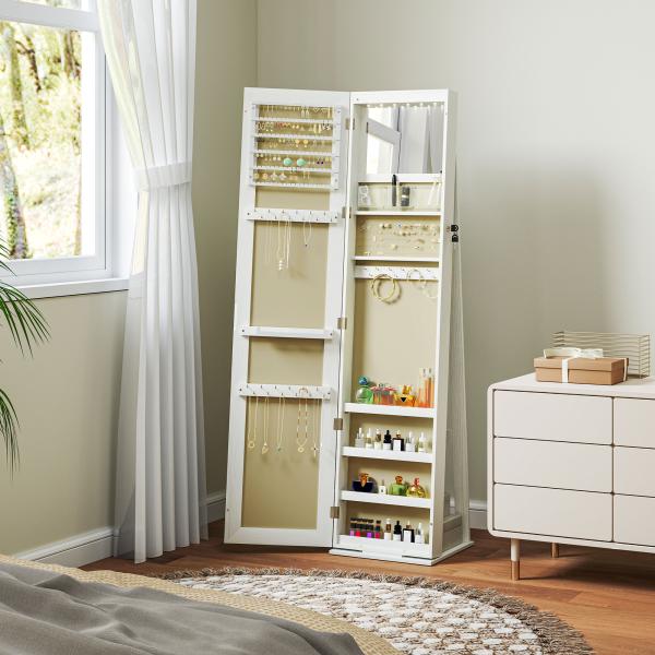Joalheiro de Pé Armário para Joias com 6 Luzes LED Fechadura Prateleiras Suportes para Anéis 38x38x157 cm Branco e Bege