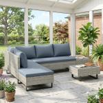 Conjunto de Jardim em Vime PE de 3 Peças com Encosto Ajustável Sofá de 3 Lugares Sofá de 2 Lugares e Mesa Cinzento