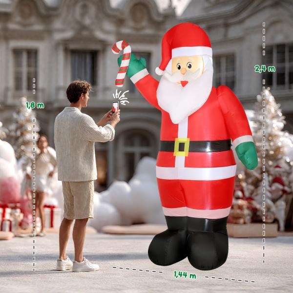 Pai Natal Insuflável 240 cm com Bastão Luzes LED e Inflador Elétrico Decoração Natalícia para Exteriores e Interiores Multicor