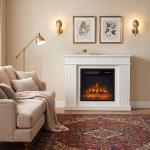 Lareira Elétrica Decorativa 1800W com Prateleira, Efeito de Chama, 5 Níveis de Brilho, Termóstato, Temporizador e Comando, para TV até 38", Branco