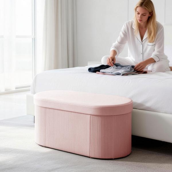 Puff de Arrumação Banco de Arrumação Dobrável 72 L 76x38x35 cm Estofado em Veludo Baú de Armazenamento Rosa