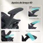 Cadeira de Escritório com Encosto Reclinável e Alto Suporte Lombar Transpirável Apoios de Braço 4D e Encosto de Cabeça Ajustável 67x74x113 - 132 cm Preto