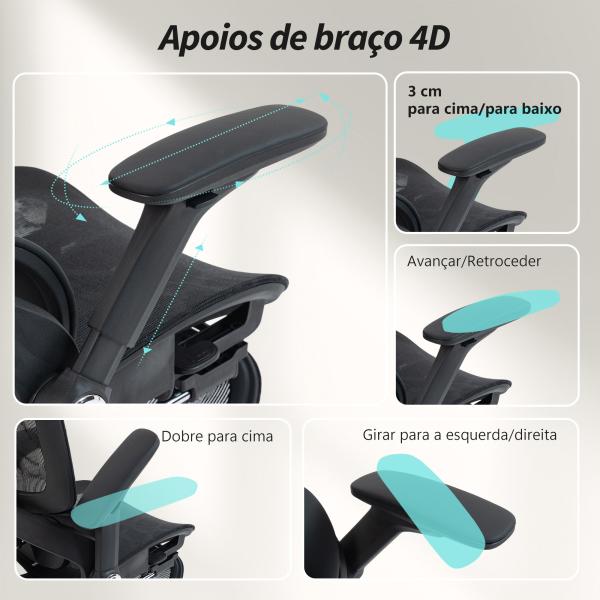 Cadeira de Escritório com Encosto Reclinável e Alto Suporte Lombar Transpirável Apoios de Braço 4D e Encosto de Cabeça Ajustável 67x74x113 - 132 cm Preto