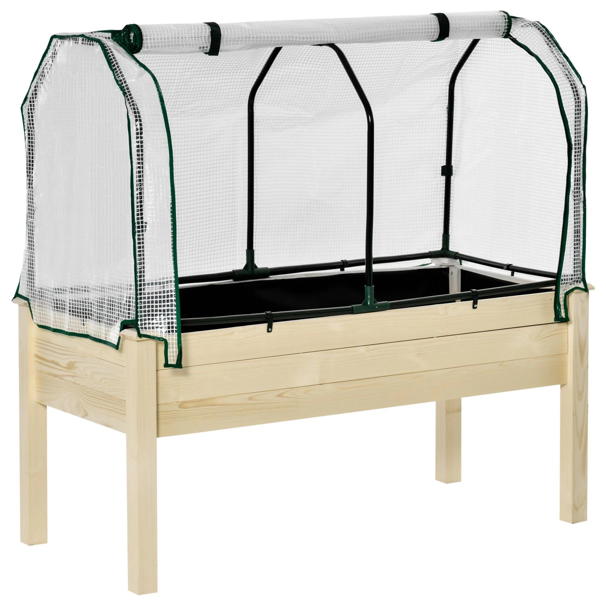 Horta Vertical Elevada de Madeira 121x55x117cm com Cobertura de Proteção Mesa de Jardinagem para Cultivo de Flores Vegetais e, Jardim Terraço Madeira Natural
