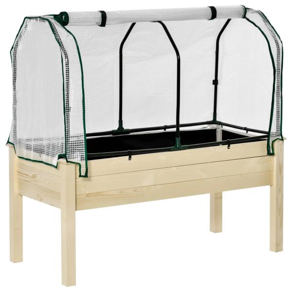 Horta Vertical Elevada de Madeira 121x55x117cm com Cobertura de Proteção Mesa de Jardinagem para Cultivo de Flores Vegetais e, Jardim Terraço Madeira Natural