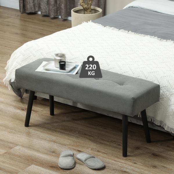 Banco de Pé de Cama Estofado em Bombazina com Assento Acolchoado, Design Capitoné e Pés de Aço para Quarto, Cinzento