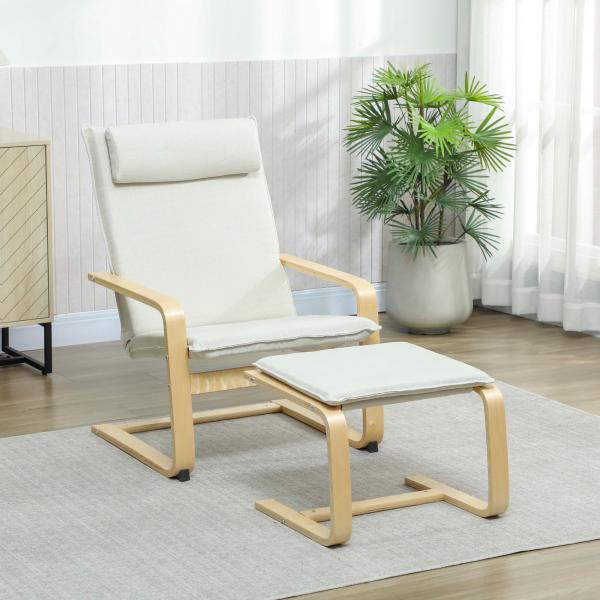 Poltrona com Otomano Poltrona de Leitura com Pernas de Madeira e Estofado em Linho 67x78x92 cm Creme