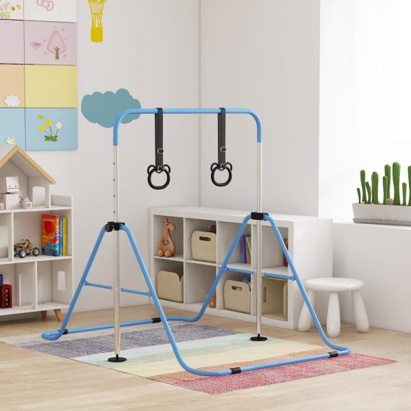 Barra de Ginástica para Crianças com Altura Ajustável em 5 Níveis Anéis e Dobrável 148x105x88 - 128 cm Azul