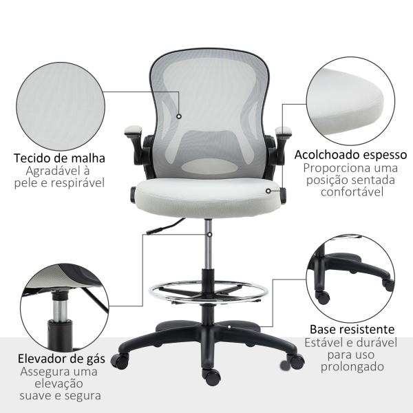Cadeira de Escritório com Suporte Lombar Apoio para os Braços Dobrável e Altura Ajustável 59x65x102 - 122 cm Cinza