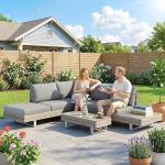 Conjunto de Jardim em Vime de 3 Peças com Sofás Modulares de 3 e 2 Lugares Mesa Lateral e Mesa de Centro Cinzento