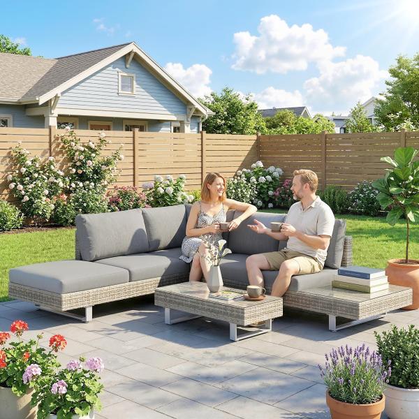 Conjunto de Jardim em Vime de 3 Peças com Sofás Modulares de 3 e 2 Lugares Mesa Lateral e Mesa de Centro Cinzento