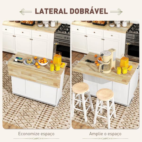 Ilha de Cozinha com Rodas Carrinho de Cozinha com Tomada USB Bancada Rebatível 2 Gavetas 119,5x74x94,5 cm Branco