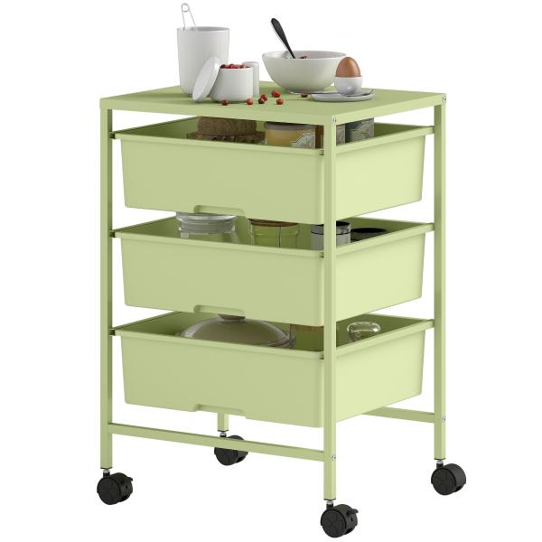 Carrinho Auxiliar com Rodas Carrinho de Cozinha de 3 Níveis com 3 Cestos e Estrutura de Aço 40,8x33,5x60,5 cm Verde