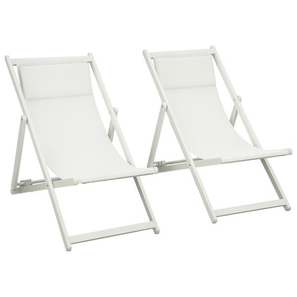 Conjunto de 2 Espreguiçadeiras Dobráveis de Alumínio com Encosto Ajustável em 5 Posições e Apoio de Cabeça 60x100x85 cm Branco