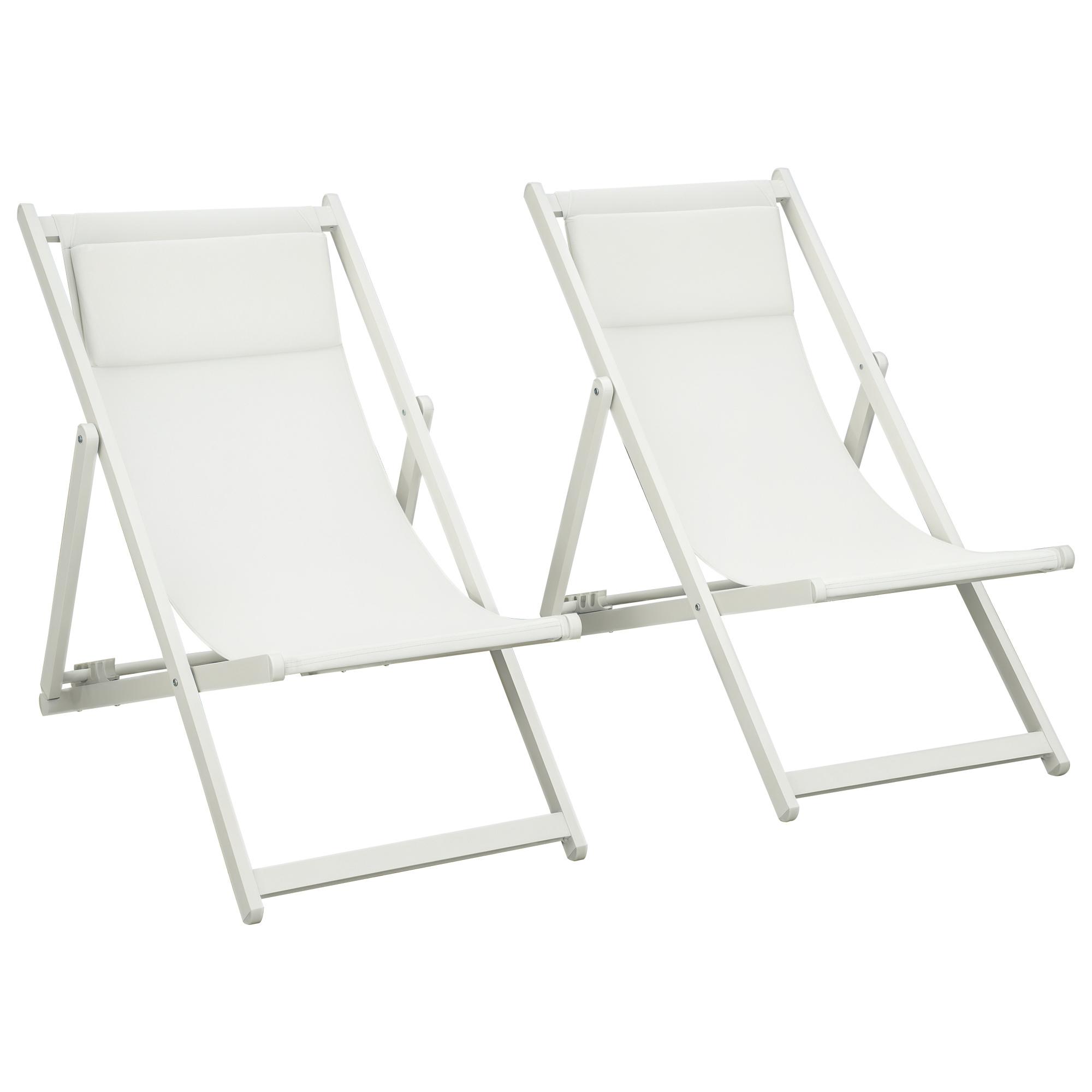 Conjunto de 2 Espreguiçadeiras Dobráveis de Alumínio com Encosto Ajustável em 5 Posições e Apoio de Cabeça 60x100x85 cm Branco