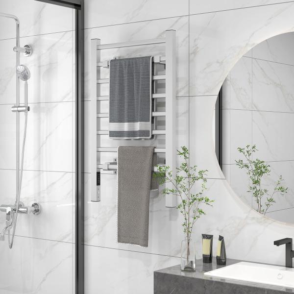 Toalheiro Elétrico de Parede ou Solo 150 W com Função de Temporizador e 8 Barras para Casa de Banho 53x35x90 cm Prata