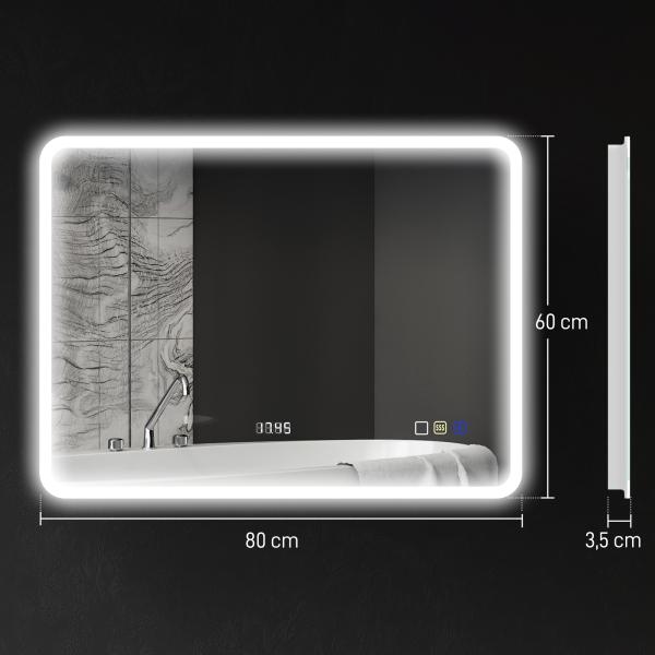 Espelho de Casa de Banho com Luz LED 80x60 cm Bluetooth 3 Cores de Luz Relógio Digital Função Antiembaciamento Função de Memória Prata