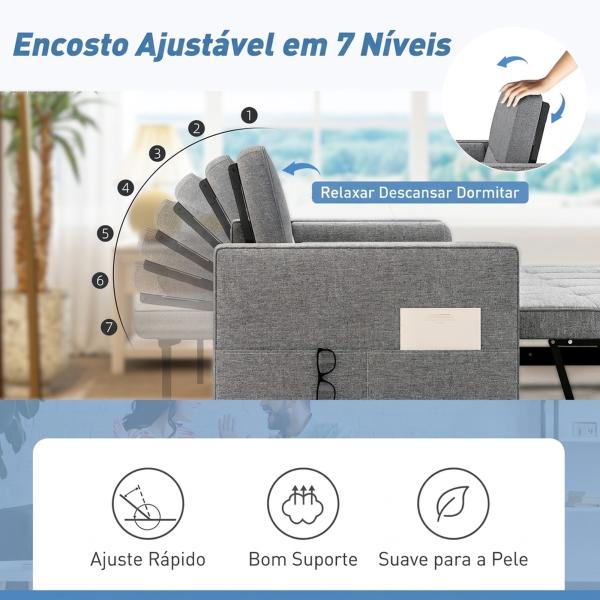 Sofá - Cama 2 Lugares 3 em 1 Deslizante em Tecido Linho com Encosto Ajustável Bolsos 2 Almofadas para Sala de Estar Cinzento
