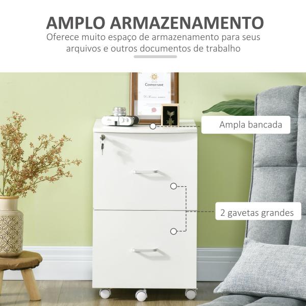 Arquivador de Escritório Móvel Auxiliar para Arquivos com 2 Gavetas Fechadura 2 Chaves 43x45x72cm Branco