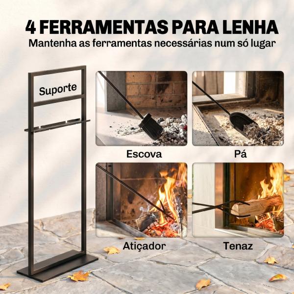 Conjunto de Utensílios para Lareira de 5 Peças em Metal com Escova, Pá, Atiçador, Pinça e Suporte, Preto