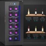 Cave de Vinhos 12 Garrafas com Dupla Refrigeração Termoelétrica Temperatura Ajustável 8 - 18℃ Porta de Vidro Anti - UV Ecrã LED Luz Interior Preto