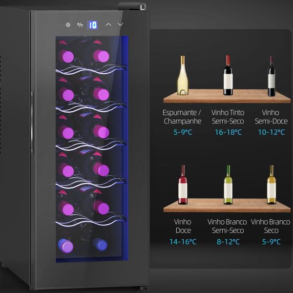 Cave de Vinhos 12 Garrafas com Dupla Refrigeração Termoelétrica Temperatura Ajustável 8 - 18℃ Porta de Vidro Anti - UV Ecrã LED Luz Interior Preto