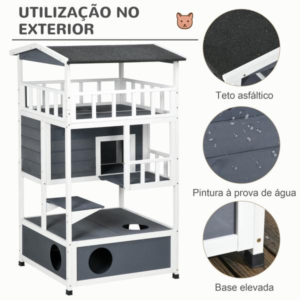 Casa para Gatos Caseta de madeira em abeto com espaço amplo com 4 pisos e espaço destacável para areia 75,5x75x137 cm