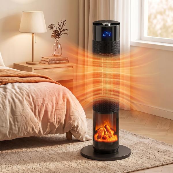 Aquecedor Elétrico Cerâmico PTC 2000W com 5 Modos, App Wi‑Fi, Chama 3D, Comando e Proteção contra Sobreaquecimento - Preto