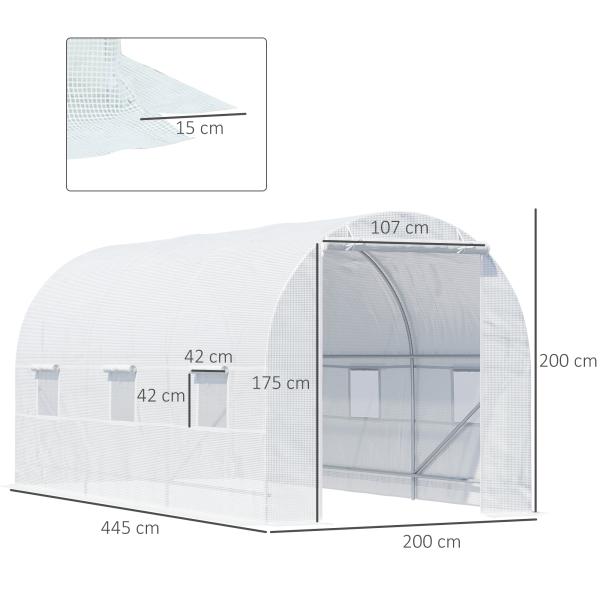 Estufa tipo Túnel 445x200x200 cm com Porta Enrolável e 6 Janelas Cobertura de PE 140 g/m² Anti - UV Branco