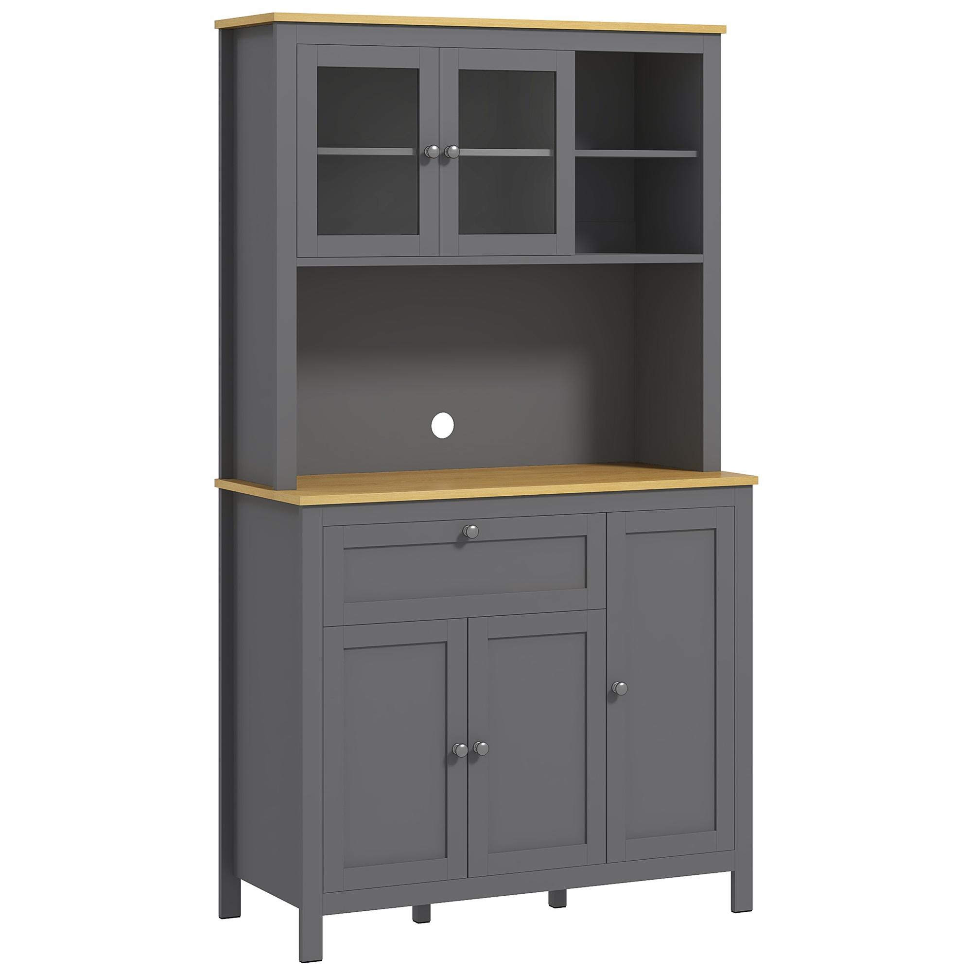 Armário de Cozinha Alto com 5 Portas Prateleira Ajustável, Gaveta Bancada Aberta para Microondas Orifício para Cabo 100x40x180 cm Cinza