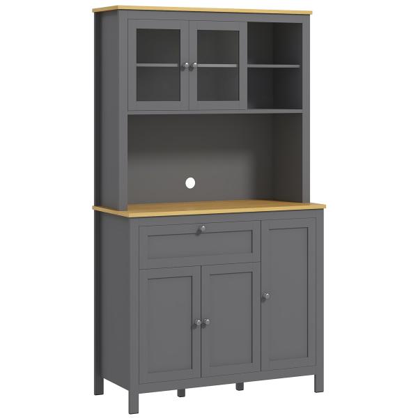 Armário de Cozinha Alto com 5 Portas Prateleira Ajustável, Gaveta Bancada Aberta para Microondas Orifício para Cabo 100x40x180 cm Cinza