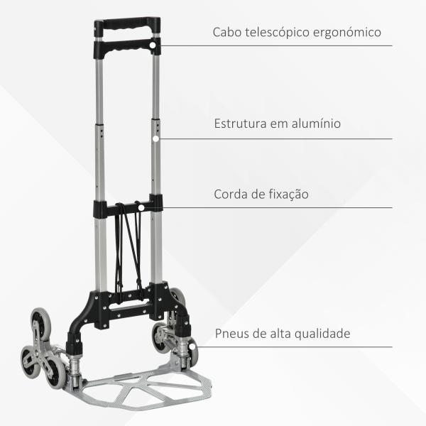 Carrinho de Mão Portátil para Escadas com 6 Rodas Capacidade 70 kg para Entregas Armazéns Mercado Mudanças Prata e Preto