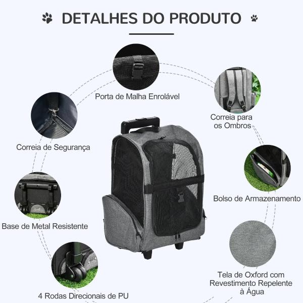 Transportadora Carrinho para Animais de Estimação 2 em 1 Mochila de Viagem com 2 Rodas para Cães Gatos com Alça Retrátil de Alumínio e Bolso de Armazenamento 42x25x55cm Cinza
