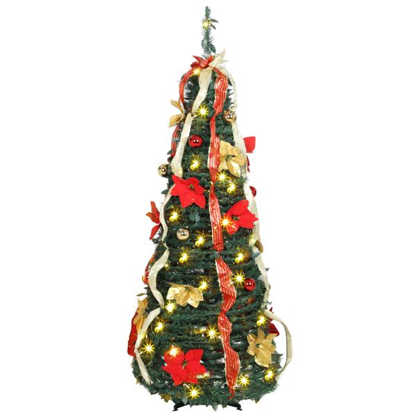 Árvore de Natal Desdobrável 150 cm com 70 Luzes LED, 11 Modos, Comando à Distância e Decoração Incluída, Verde