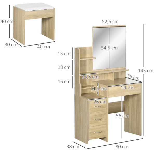 Toucador de Maquilhagem com Banco Espelho 4 Gavetas 4 Compartimentos de Armazenamento Estilo Moderno 80x38x143 cm Madeira