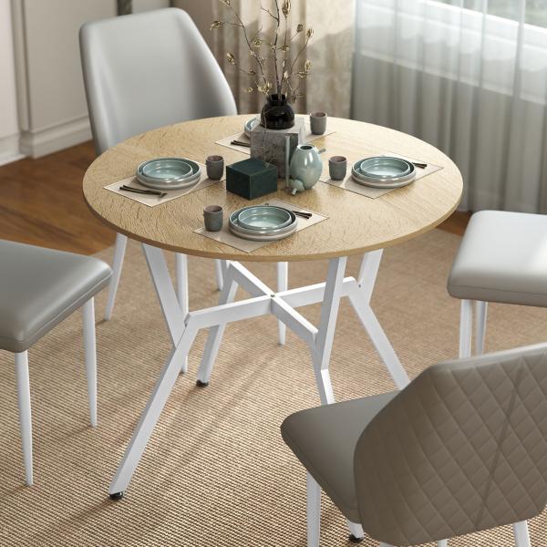 Mesa de Refeição Redonda Mesa de Jantar Estilo Industrial com Bancada de Madeira e Estrutura de Aço Ø90x76 cm Madeira e Branco