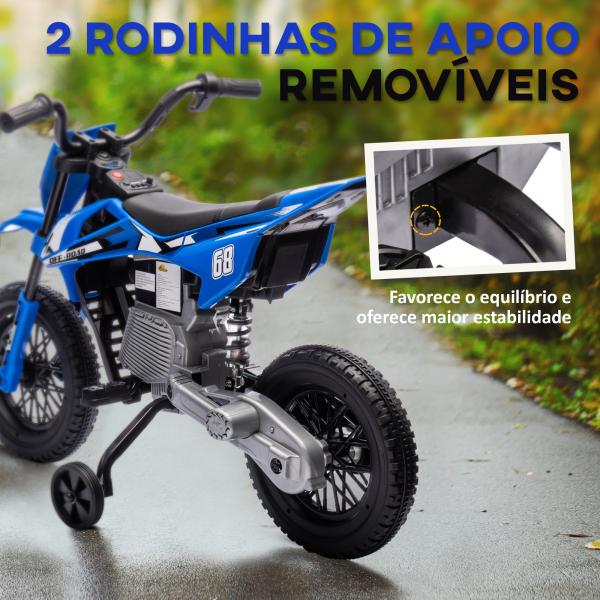 Mota Elétrica Infantil 12V com Música, Velocidade 2,4 - 5 km/h, Rodas Auxiliares, 107x56x70 cm, Azul