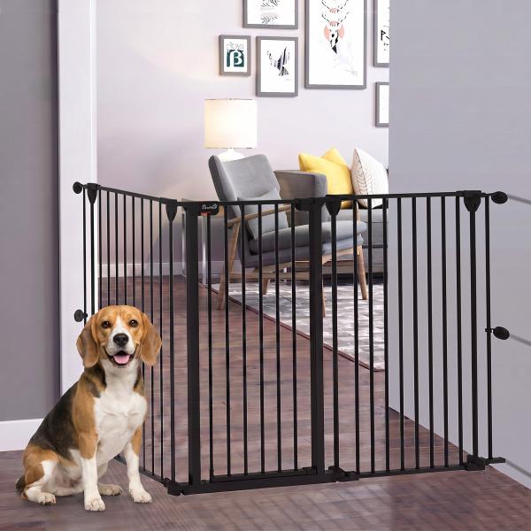 Barreira para Cães de Aço Barreira de Segurança para Animais de Estimação Dobrável de 3 Painéis Duplo Fechamento 206x90 cm Preto