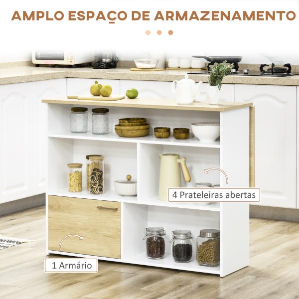 Mesa Alta Extensível com Lateral Dobrável Mesa de Bar com Compartimentos de Armazenamento e 1 Armário 116x79,5x91 cm Branco