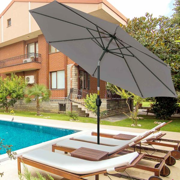 Chapéu de Sol para Terraço Exterior, Ø265 cm, Guarda - sol de Jardim com 32 Luzes LED Solares, Poste de Aço e Manivela Inclinável, para Pátio, Terraço, Cinzento