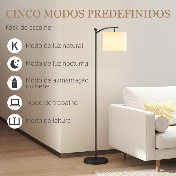 Candeeiro de Pé LED 11 Níveis, Controlo Remoto, Temporizador 60 min, 54,3x30,6x159,6 cm Preto e Creme