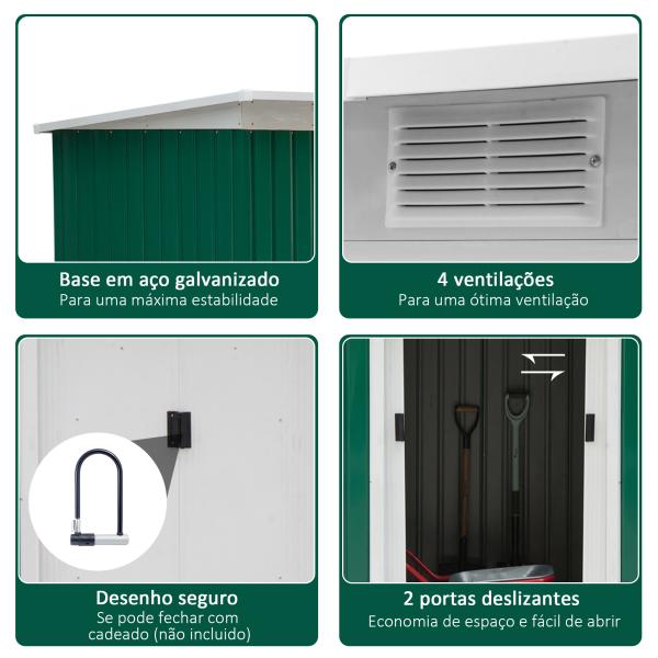 Abrigo de Jardim 280x130x172cm Abrigo de Exterior de Aço Galvanizado com Porta Corredeira e Ventilações Verde