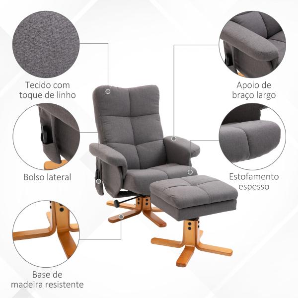 Poltrona Relax Reclinável com Apoio de Pés, 10 Pontos de Massagem, Giratória, Comando à Distância, Bolso Lateral, Cinzento