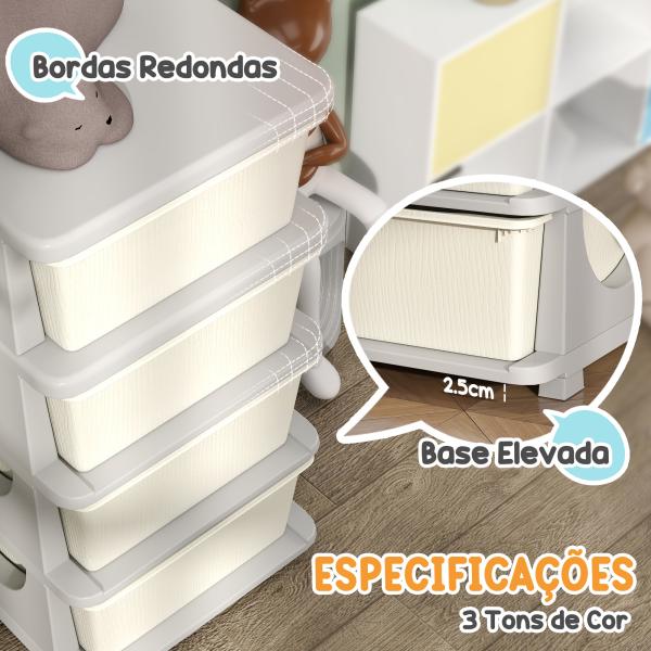 Organizador de Brinquedos com 4 Gavetas Torre de Arrumação para Crianças +3 Anos Cantos Arredondados e Pegas 37x37x76 cm Creme