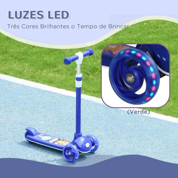 Trotinete para Crianças Trotinete com 3 Rodas LED Altura Ajustável Carga 25 kg 52x29x63 - 76 cm Azul