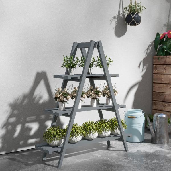 Suporte de Madeira para Plantas Dobrável de 3 Níveis com Estrutura em Forma de A para Jardim Pátio 100x36x112 cm Cinza