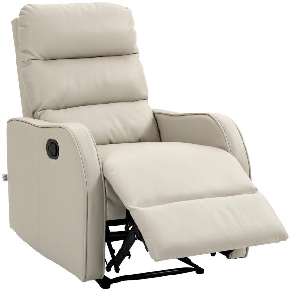 Poltrona Relax Reclinável Manual Revestida em PU com Apoio de Pés Retrátil Poltrona Reclinável até 160º 65x89x100 cm Creme