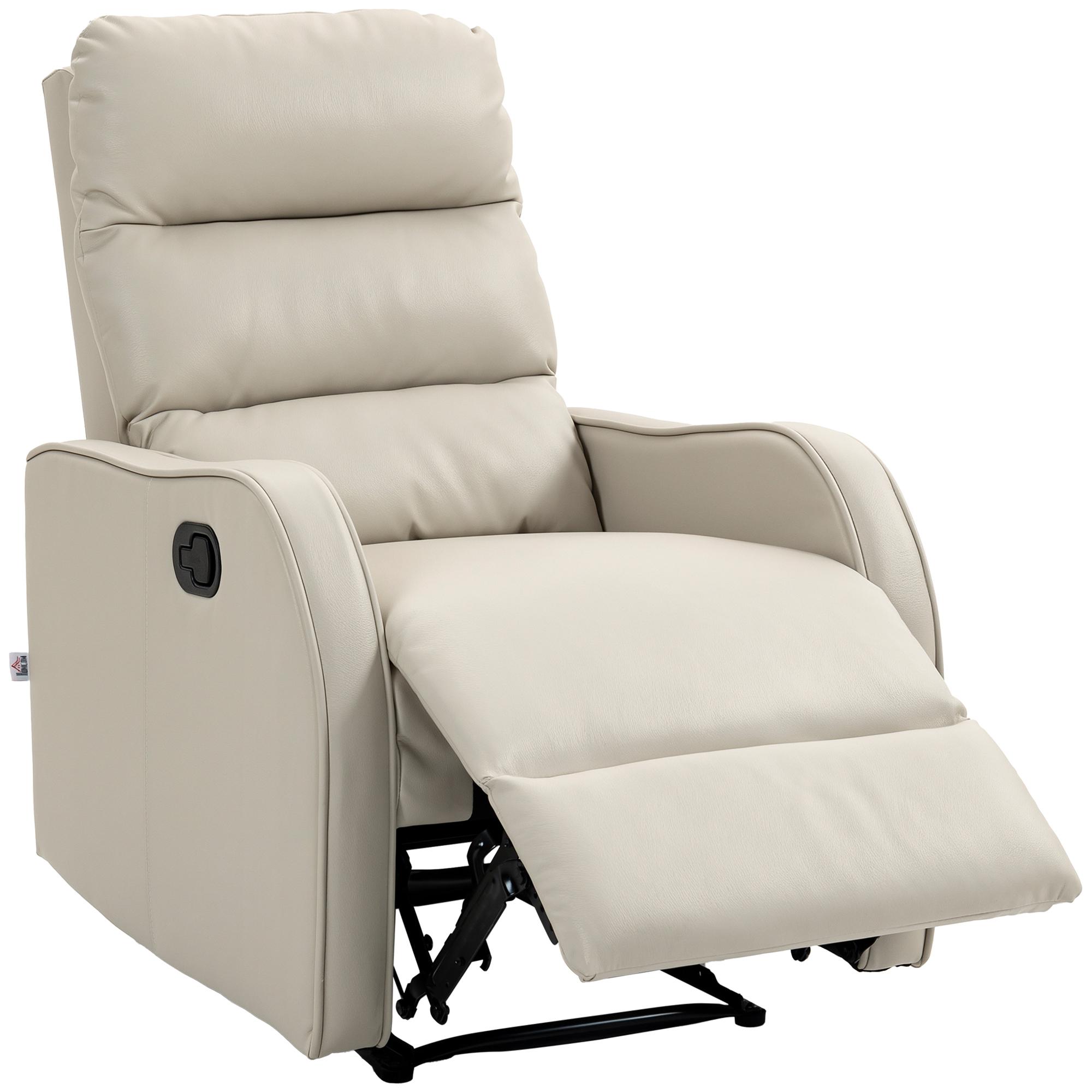 Poltrona Relax Reclinável Manual Revestida em PU com Apoio de Pés Retrátil Poltrona Reclinável até 160º 65x89x100 cm Creme