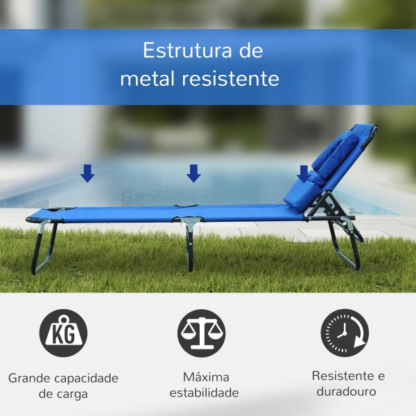 Espreguiçadeira Dobrável com Encosto Ajustável em 4 Posições Espreguiçadeira de Jardim com Almofada Estrutura de Aço Tecido Oxford para Acampamento Praia Terraço 190x56x28cm Azul