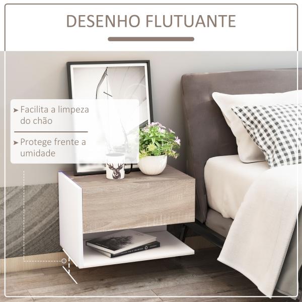 Conjunto de 2 Mesas de Cabeceira Flutuantes com 1 Gaveta e Prateleira Aberta 46x30x30 cm Carvalho e Branco